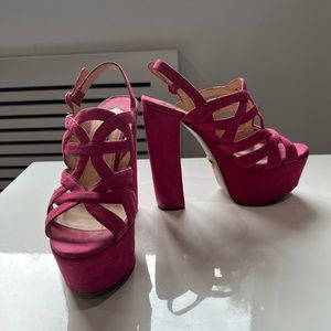 PRADA: Pink Suede Platform Slingback Sandal With Ankle Strap